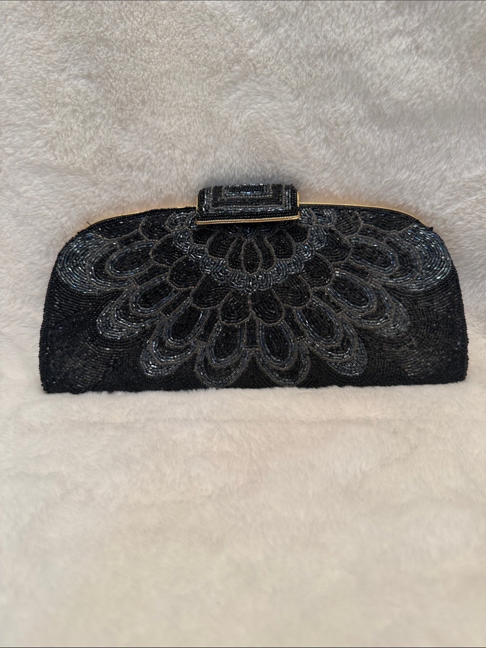 Vintage 1980's Black & Silver All Over Glass Beaded Evening Clutch